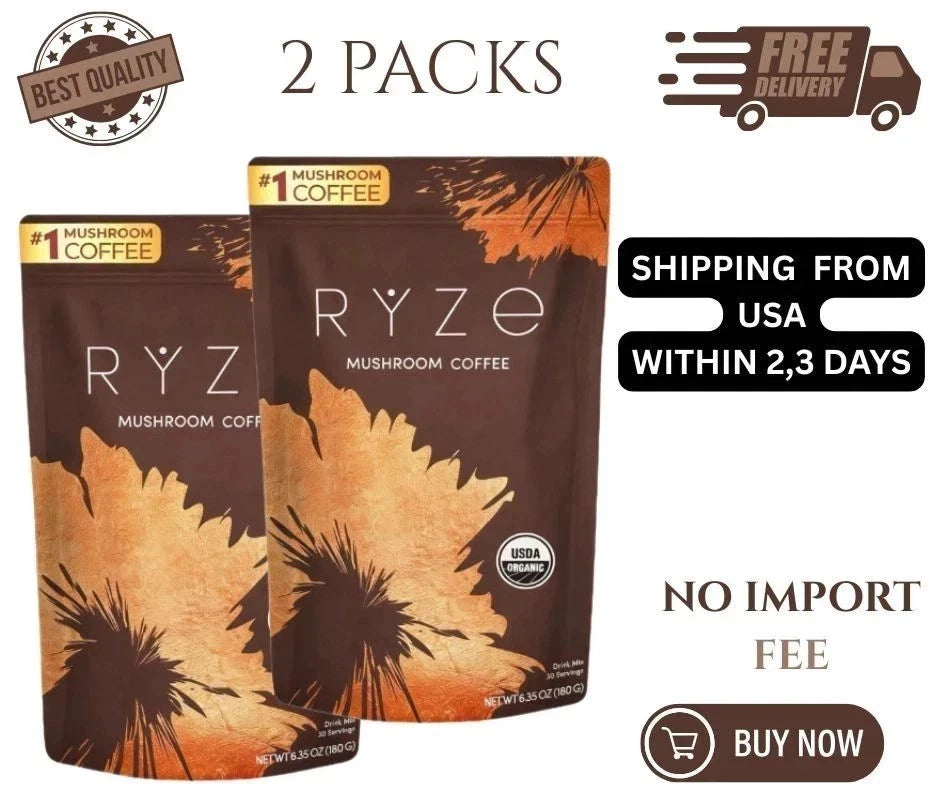 Organic RYZE Mushroom Coffee (Pack of 2) – 60 Total Servings | Lion's Mane, Reishi & Adaptogenic Mushroom Blend | Free Shipping